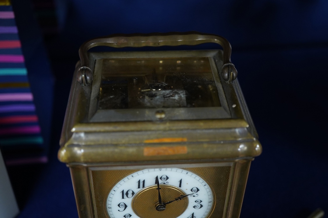 An early 20th century A. Margaine brass gorge-cased Grande Sonnerie carriage clock with alarm and repeat, by with key, 18cm high